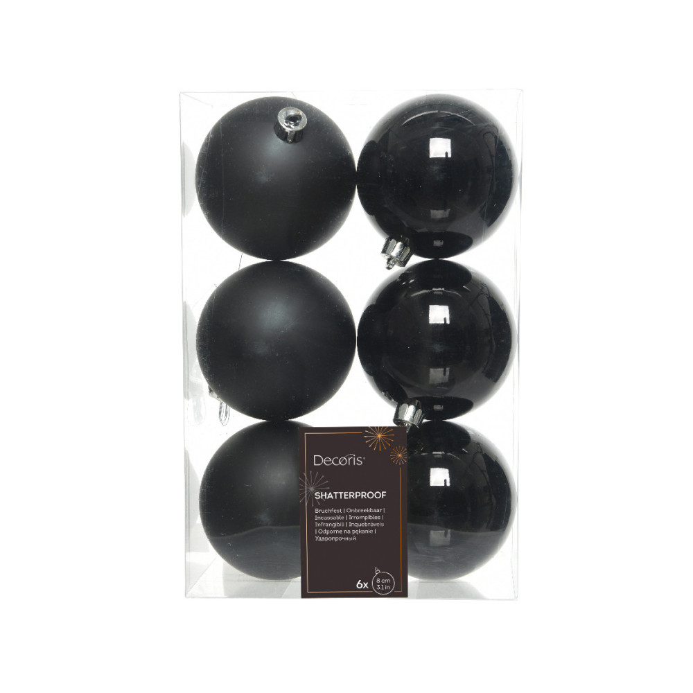 Shatterproof baubles - black, 8 cm, 6 pcs.