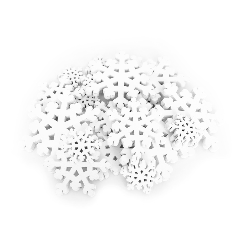 Drewniane kształty świąteczne Śnieżynki - białe, 2,5 - 7 cm, 20 szt.