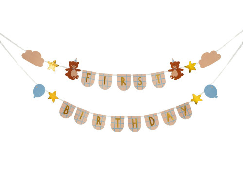 Girlanda First Birthday z misiami - 13 x 255 cm