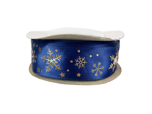 Wstążka świąteczna Śnieżynki - granatowa, 2,5 cm x 9 m