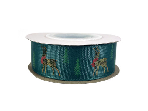Ribbon Deer & Christmas Trees - bottle green, 2,5 cm x 9 m