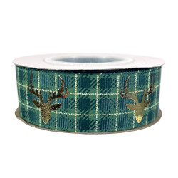 Ribbon Check & Deer - green, 2,5 cm x 9 m