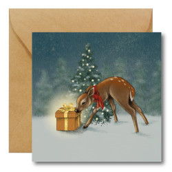 Greeting card - Hi Little - Roe with a gift, 14,5 x 14,5 cm