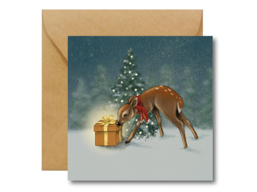 Greeting card - Hi Little - Roe with a gift, 14,5 x 14,5 cm