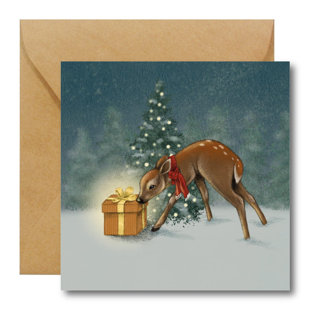 Greeting card - Hi Little - Roe with a gift, 14,5 x 14,5 cm