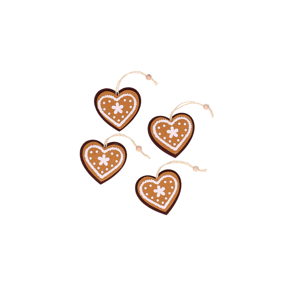 Christmas felt pendants Gingerbread Hearts - 7,5 x 7 cm, 4 pcs.