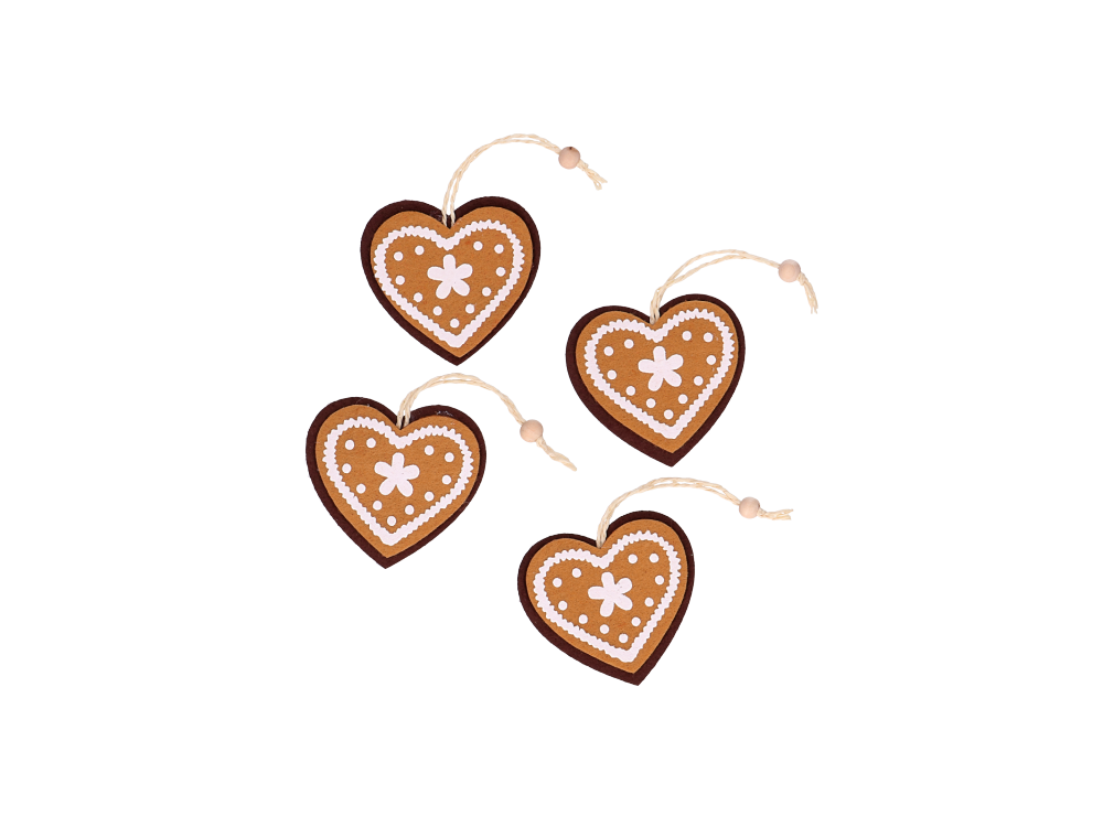 Christmas felt pendants Gingerbread Hearts - 7,5 x 7 cm, 4 pcs.