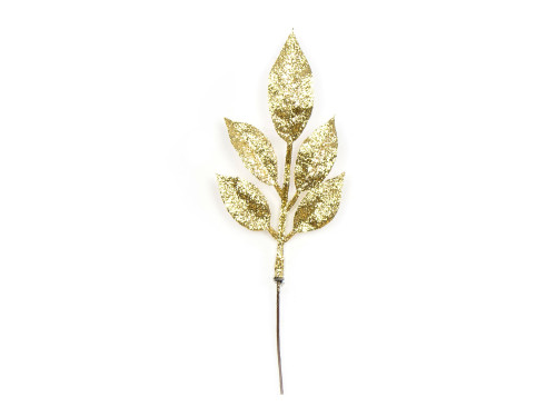 Glitter branch with leaves - gold, 22 cm