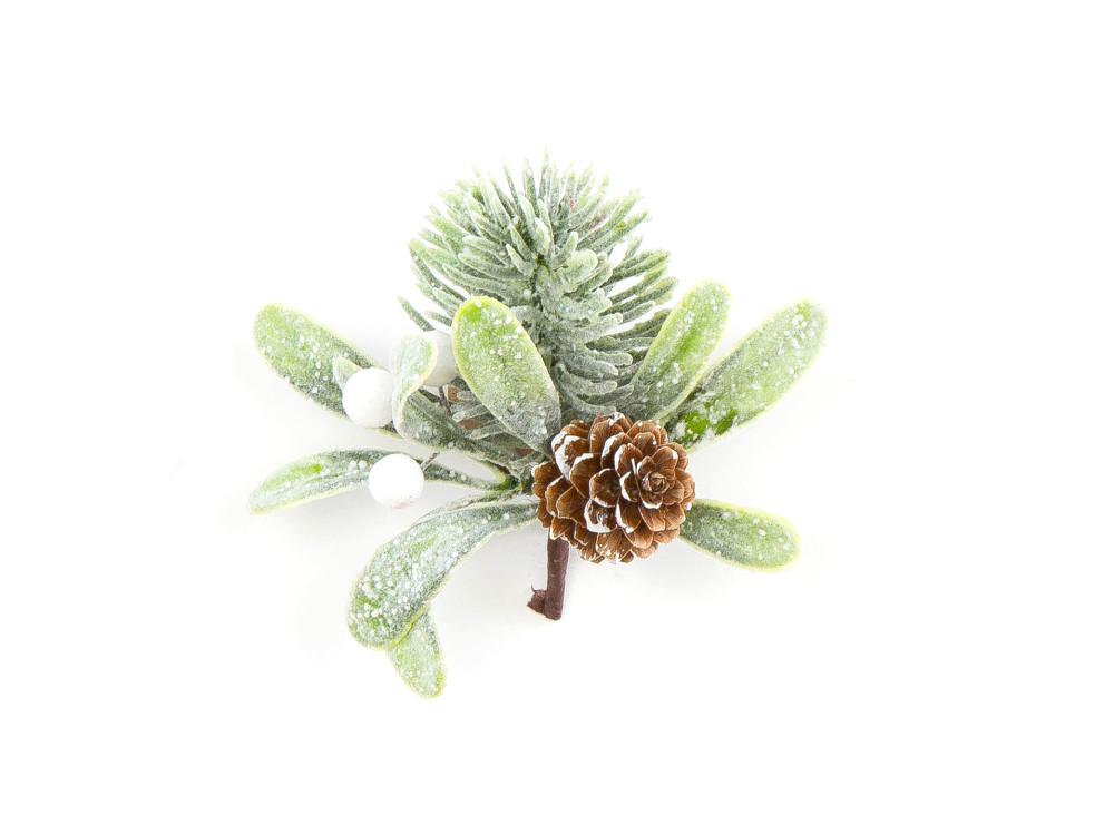 Frosted branch with mistletoe and pinecone - 10 cm