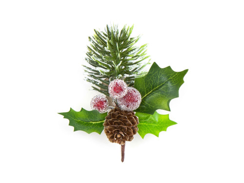 Christmas tree branch with holly, mistletoe and pinecone - 11 cm