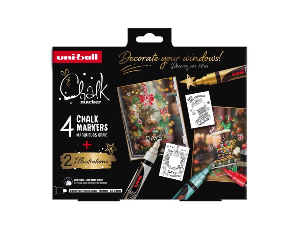 Christmas set of Chalk markers, 2 - UNI - 1,8 - 2,5 mm, 4 pcs.