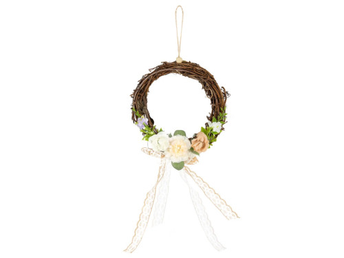 Braided wreath with flowers and ribbons - brown, 20 cm