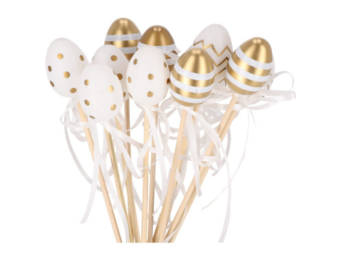 Easter speckled eggs on a stick - white and gold, 4 cm, 12 pcs.