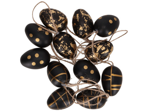 Plastic Easter eggs pendants - black and gold, 4 cm, 12 pcs.