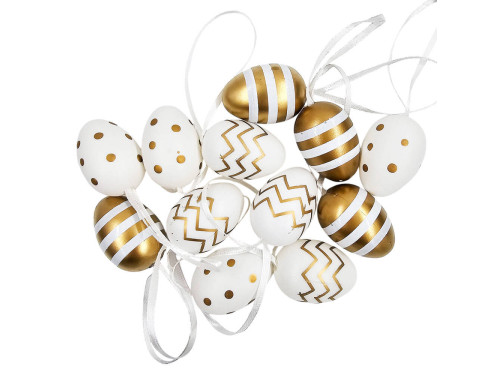 Plastic Easter eggs pendants - white and gold, 4 cm, 12 pcs.