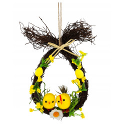 Easter wreath with chicks and eggs - brown, 12 x 20 cm