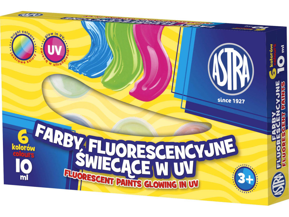 Set of decorative fluorescent glowing in UV paints - Astra - 6 x 10 ml