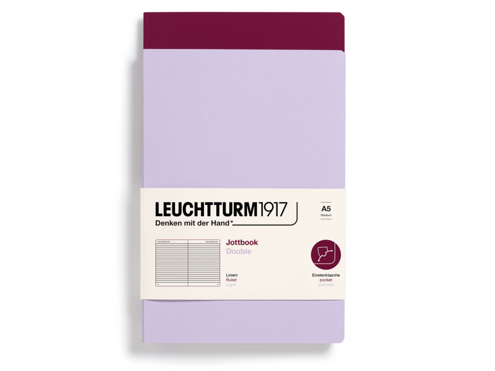 Notatnik Jottbook Double w linię A5 - Leuchtturm1917 - Lilac & Port Red, 2 szt.