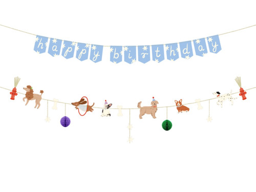 Baner Happy Birthday Pieski - niebieski, 2,1 m