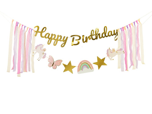 Baner Happy Birthday Jednorożce - złoty, 17,5 cm x 2,3 m