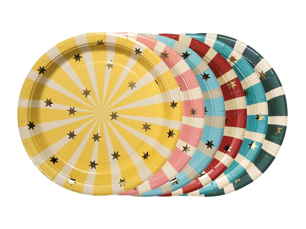 Paper plates Circus stripes and stars - colorful, 18 cm, 6 pcs.