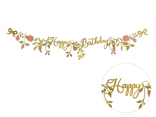 Happy Birthday Flowers banner - gold, 18,3 cm x 1,3 m