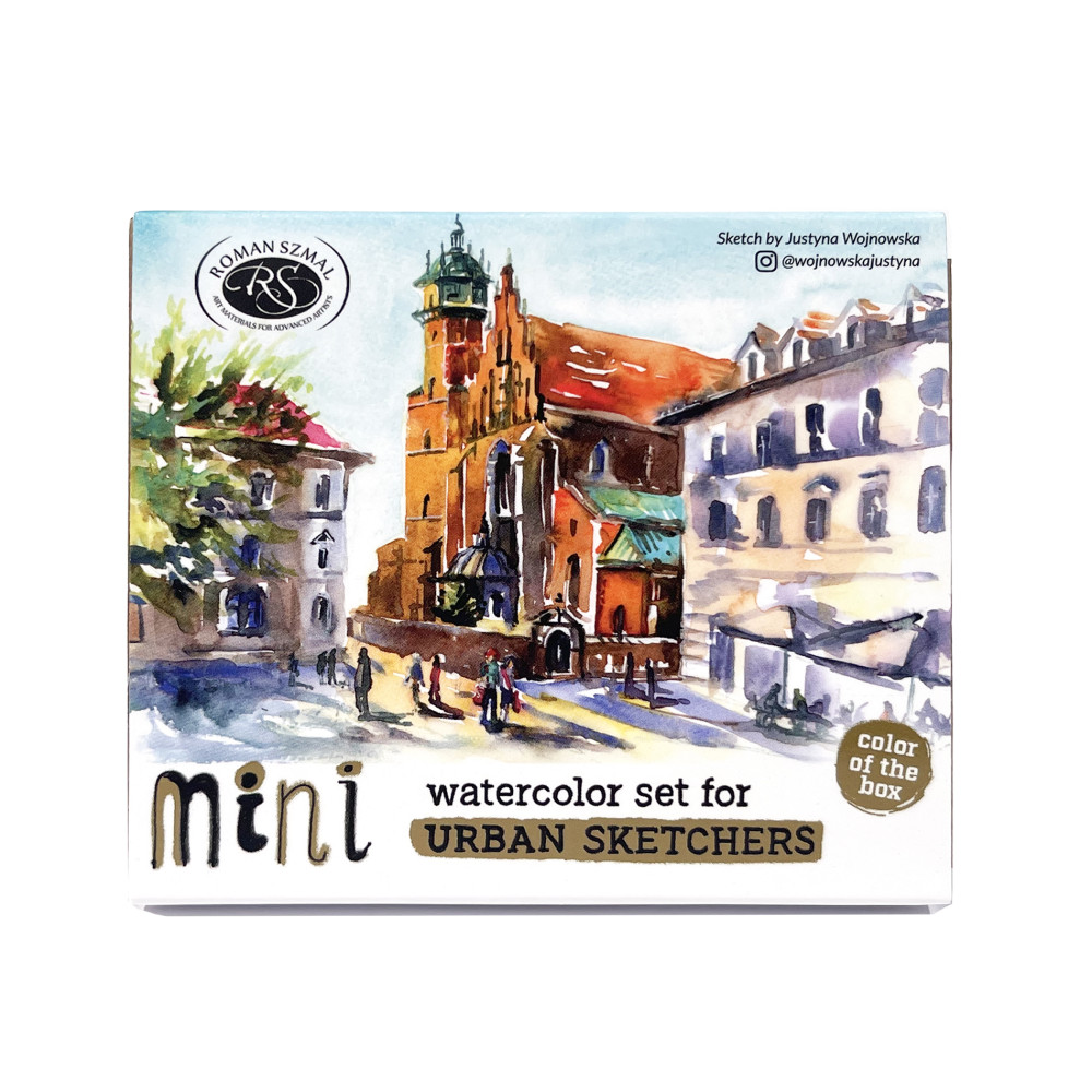 Zestaw akwareli Aquarius w półkostkach Mini Urban Sketchers - Roman Szmal - Gold, 8 kolorów