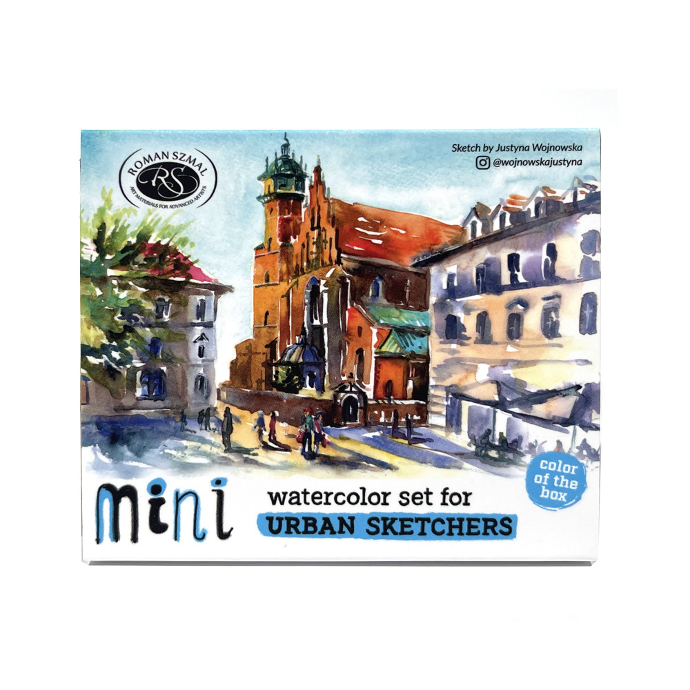 Zestaw akwareli Aquarius w półkostkach Mini Urban Sketchers - Roman Szmal - Blue, 8 kolorów