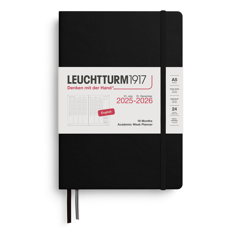 Planer akademicki 2025/2026 A5 - Leuchtturm1917 - Black, twarda okładka