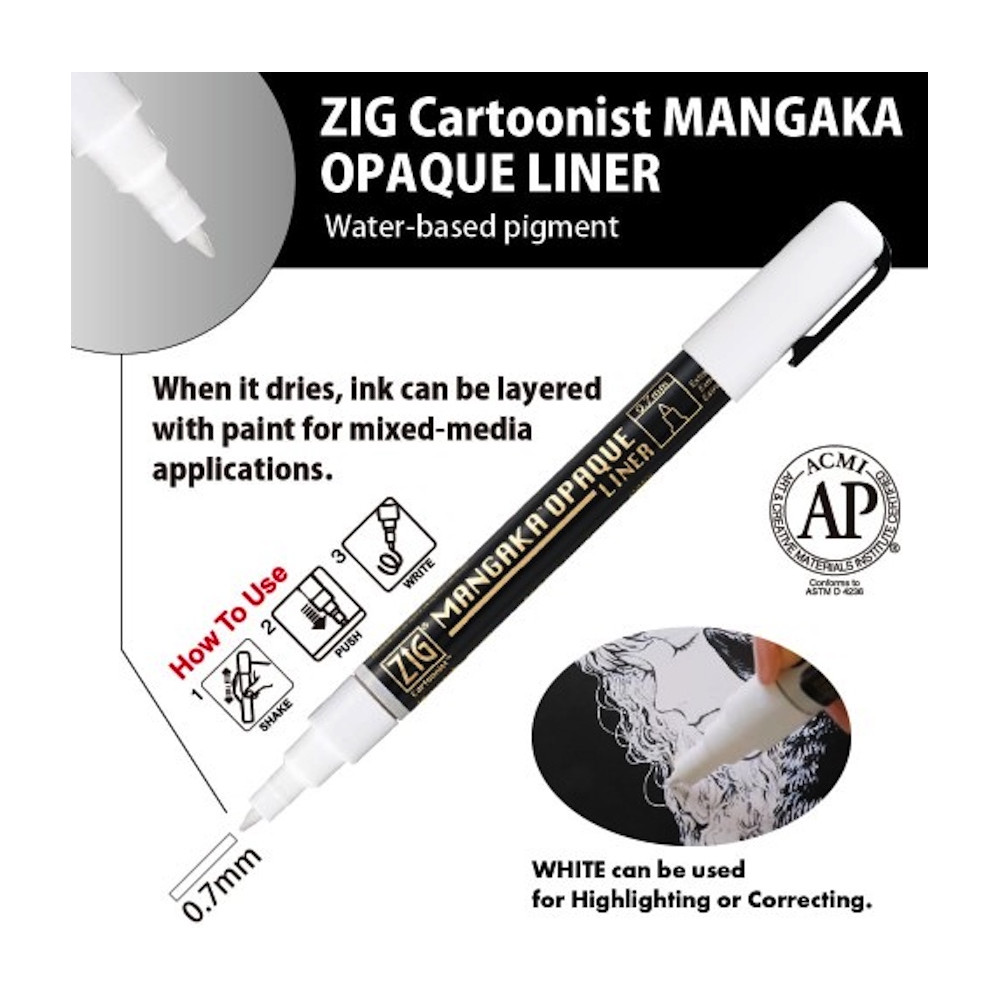 Pisak ZIG Cartoonist Mangaka Opaque Liner - Kuretake - biały, 0,7 mm
