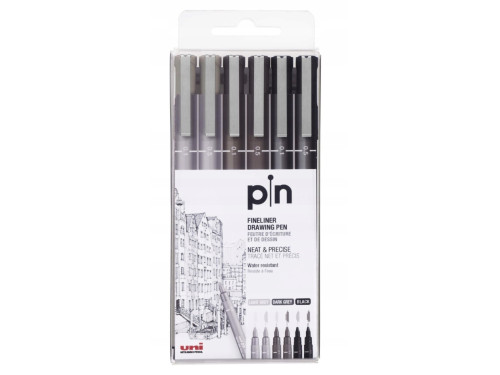 Set of fineliner pens Pin 200 - Uni - grey and black, 6 pcs.