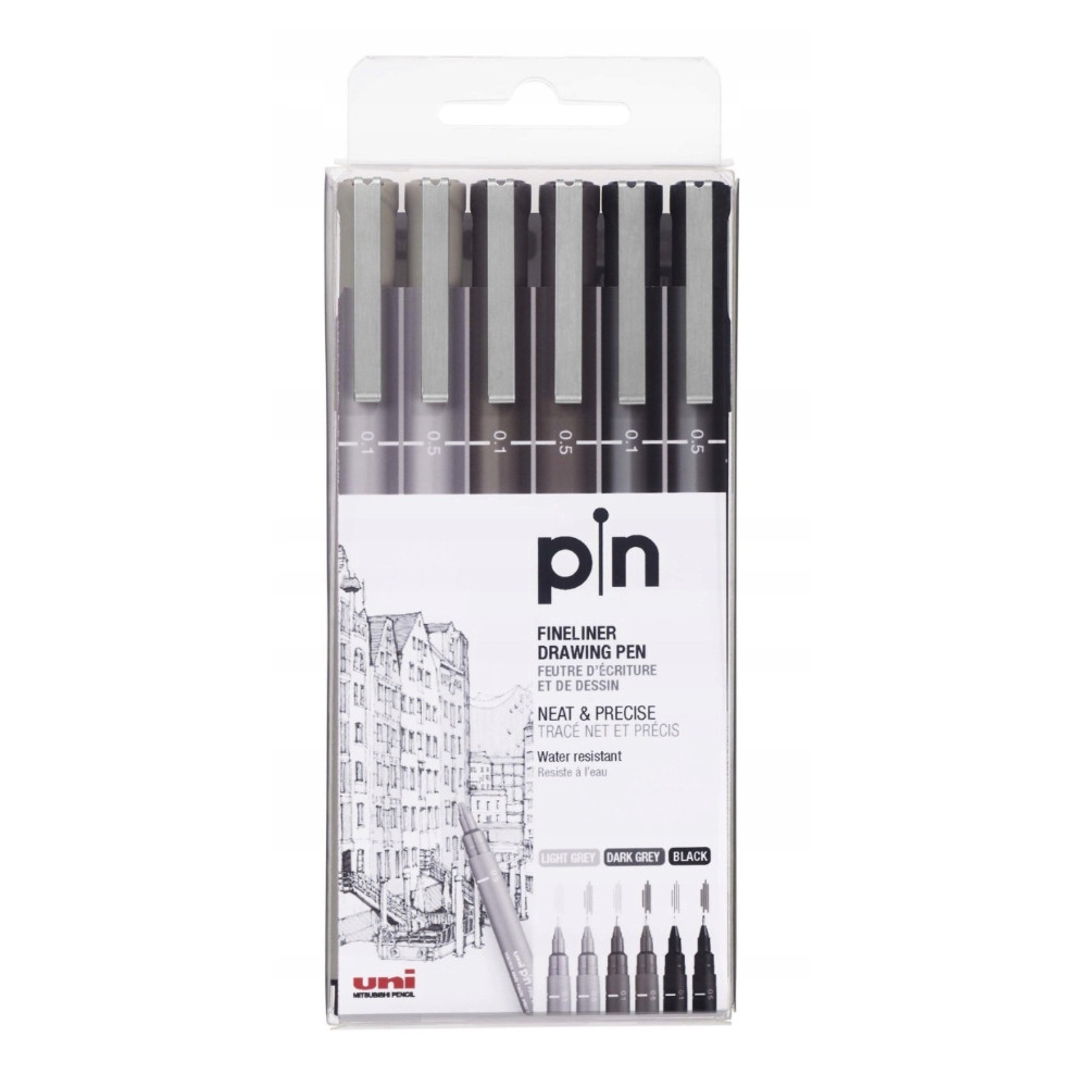 Zestaw cienkopisów kreślarskich Pin 200 - Uni - szare, 6 szt.