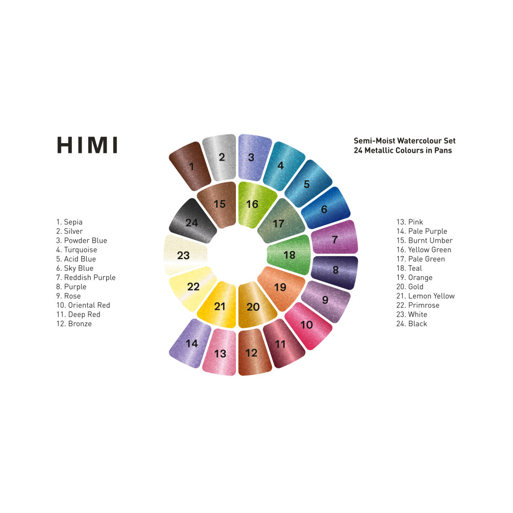 Set of Semi-Moist Metallic watercolors - HIMI - 24 pcs.