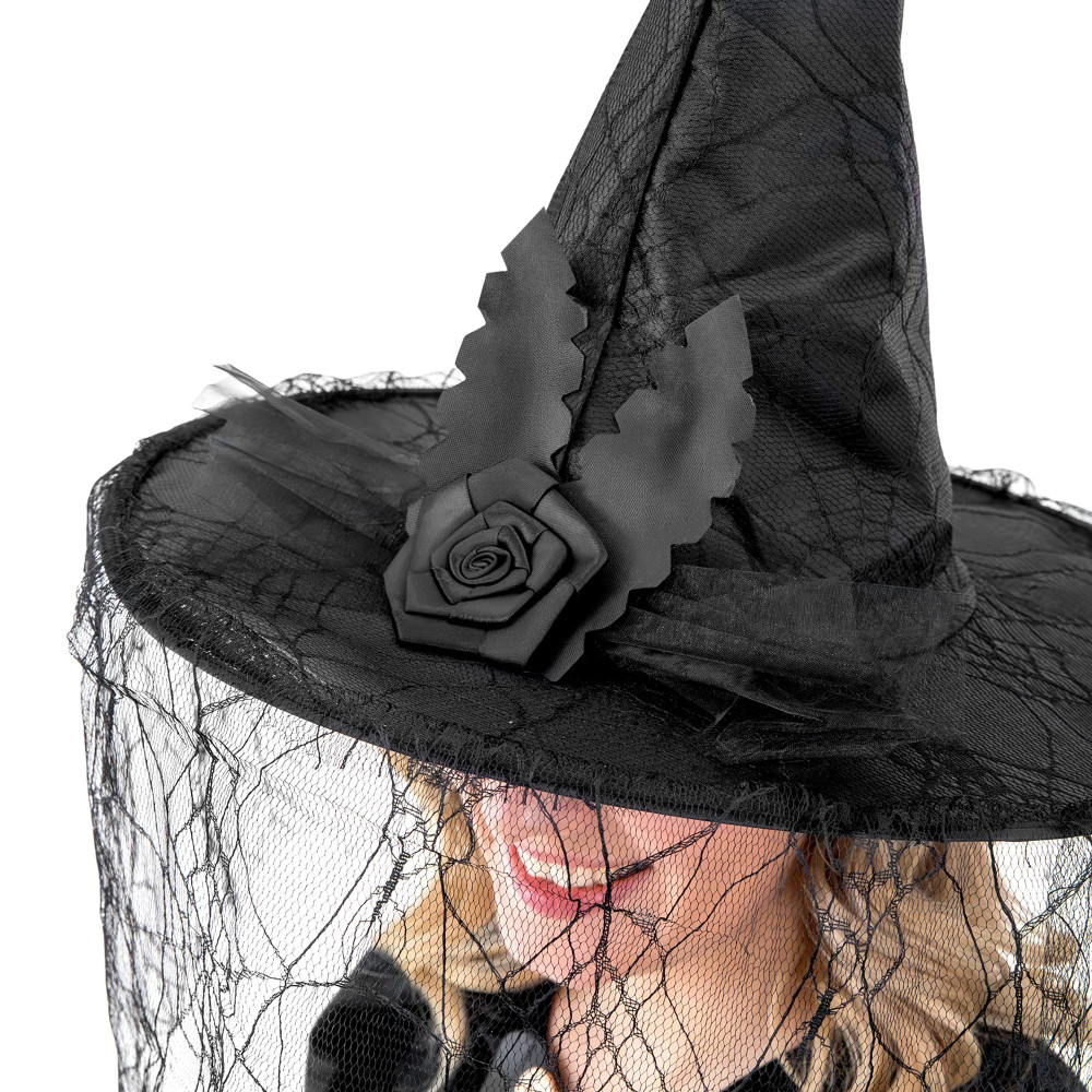 Halloween witch hat with lace and decorative rose black - 40 x 33 cm