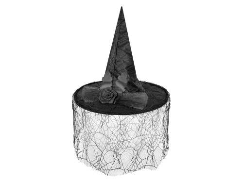 Halloweenowy kapelusz czarownicy z koronką i różą - czarny 40 x 33 cm