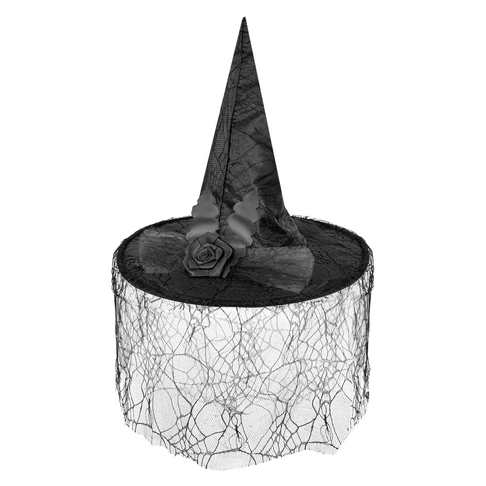 Halloween witch hat with lace and decorative rose black - 40 x 33 cm