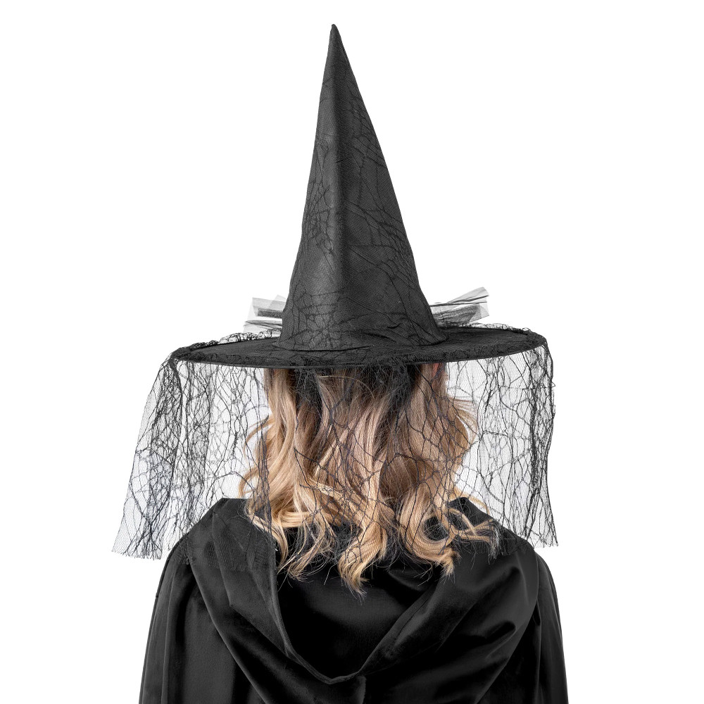 Halloweenowy kapelusz czarownicy z koronką i różą - czarny 40 x 33 cm