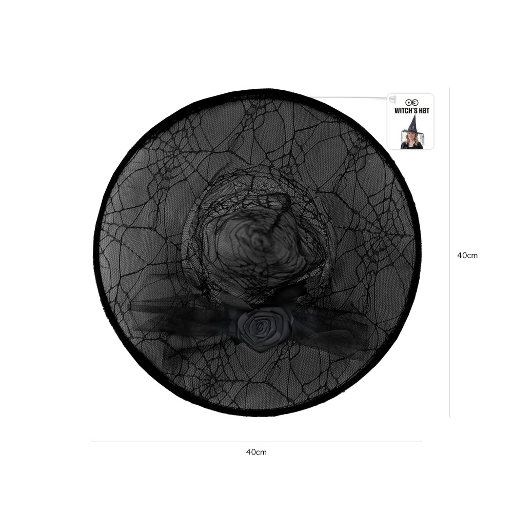 Halloween witch hat with lace and decorative rose black - 40 x 33 cm