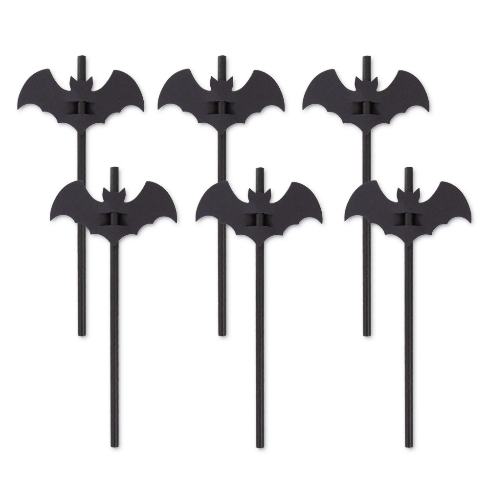 Halloween straws with bats - black 20 cm 12 pcs.