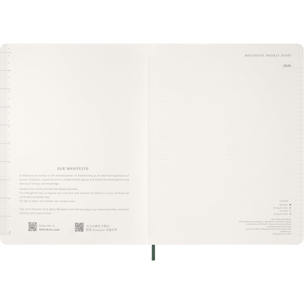 Kalendarz tygodniowy wertykalny 2026 XXL - Moleskine - Myrtle Green miękka okładka