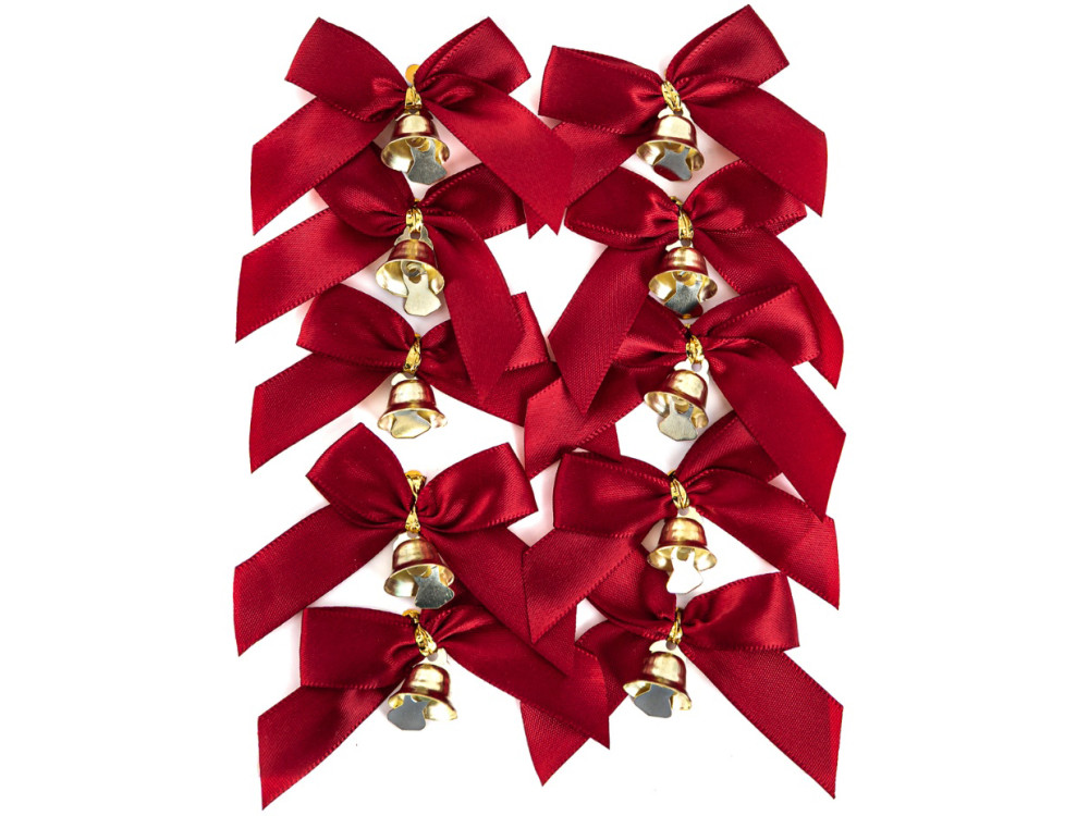 Decorative satine bows with bells - DpCraft - red 10 pcs.