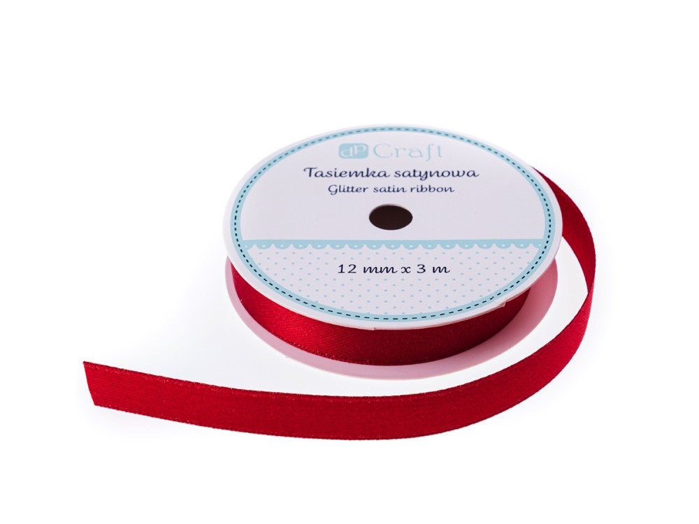 Tasiemka satynowa z brokatem - DpCraft - czerwona 12 mm x 3 m