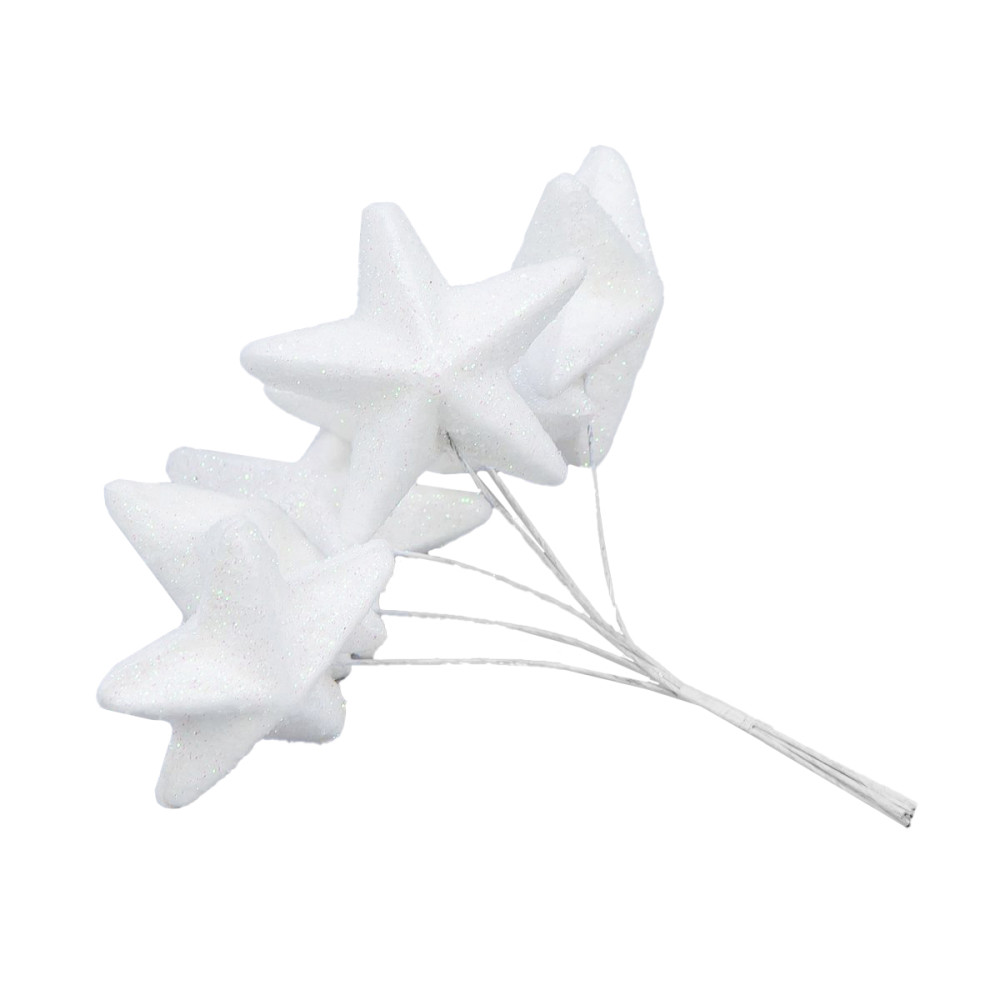 Glitter stars on wires - white 25 mm 6 pcs.