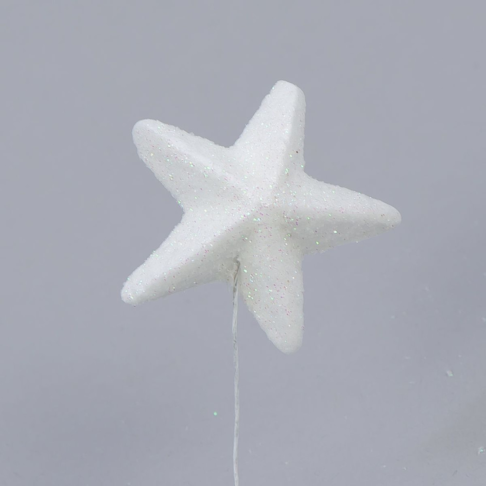 Glitter stars on wires - white 25 mm 6 pcs.