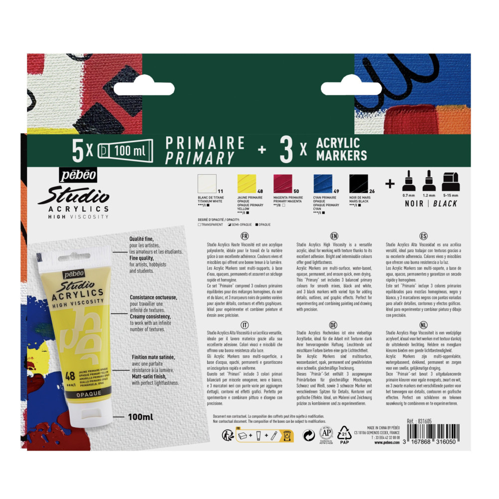 Set of Studio Acrylics paints with markers - Pébéo - 5 x 100 ml