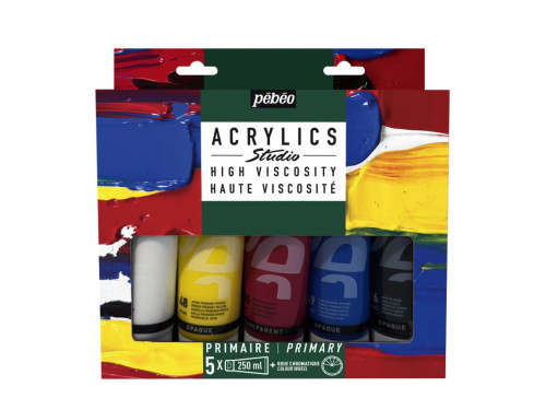 Zestaw farb akrylowych Studio Acrylics z kołem barw - Pébéo - 5 x 250 ml