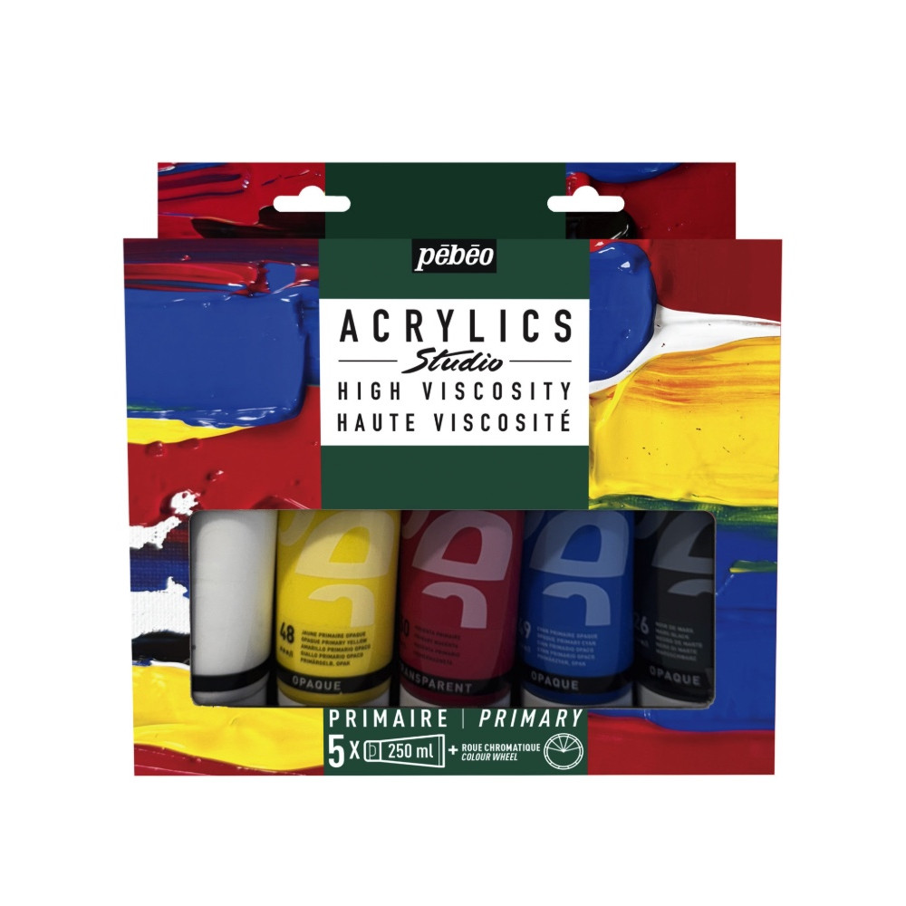 Zestaw farb akrylowych Studio Acrylics z kołem barw - Pébéo - 5 x 250 ml