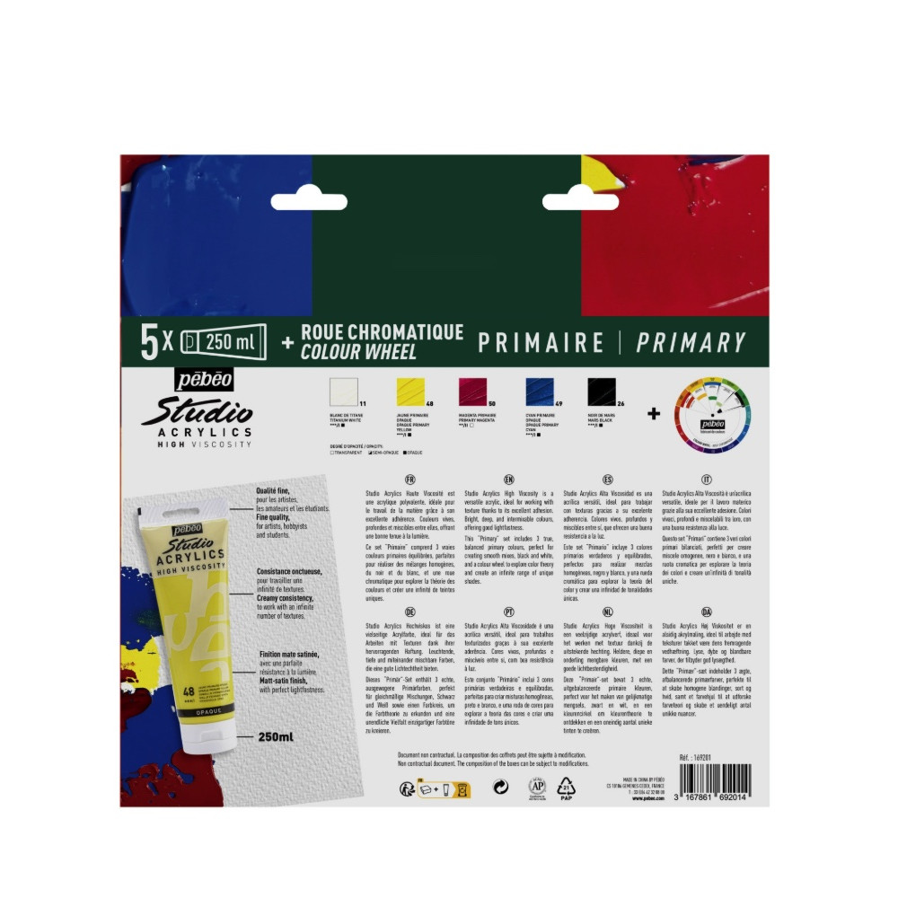 Set of Studio Acrylics paints with color wheel - Pébéo - 5 x 250 ml