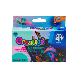 Zestaw klejów brokatowych świecących w ciemności Creativo - Astra - 5 x 20 ml