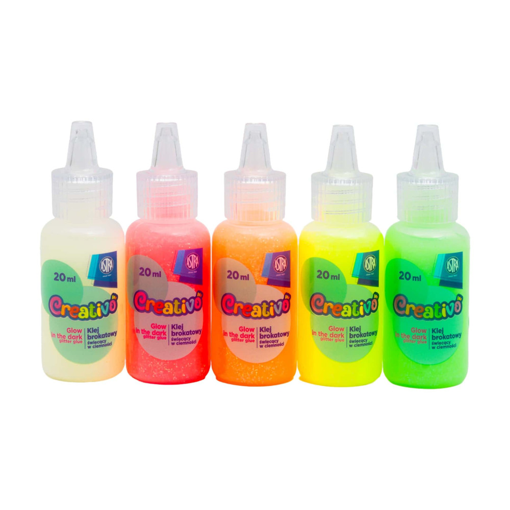 Zestaw klejów brokatowych świecących w ciemności Creativo - Astra - 5 x 20 ml